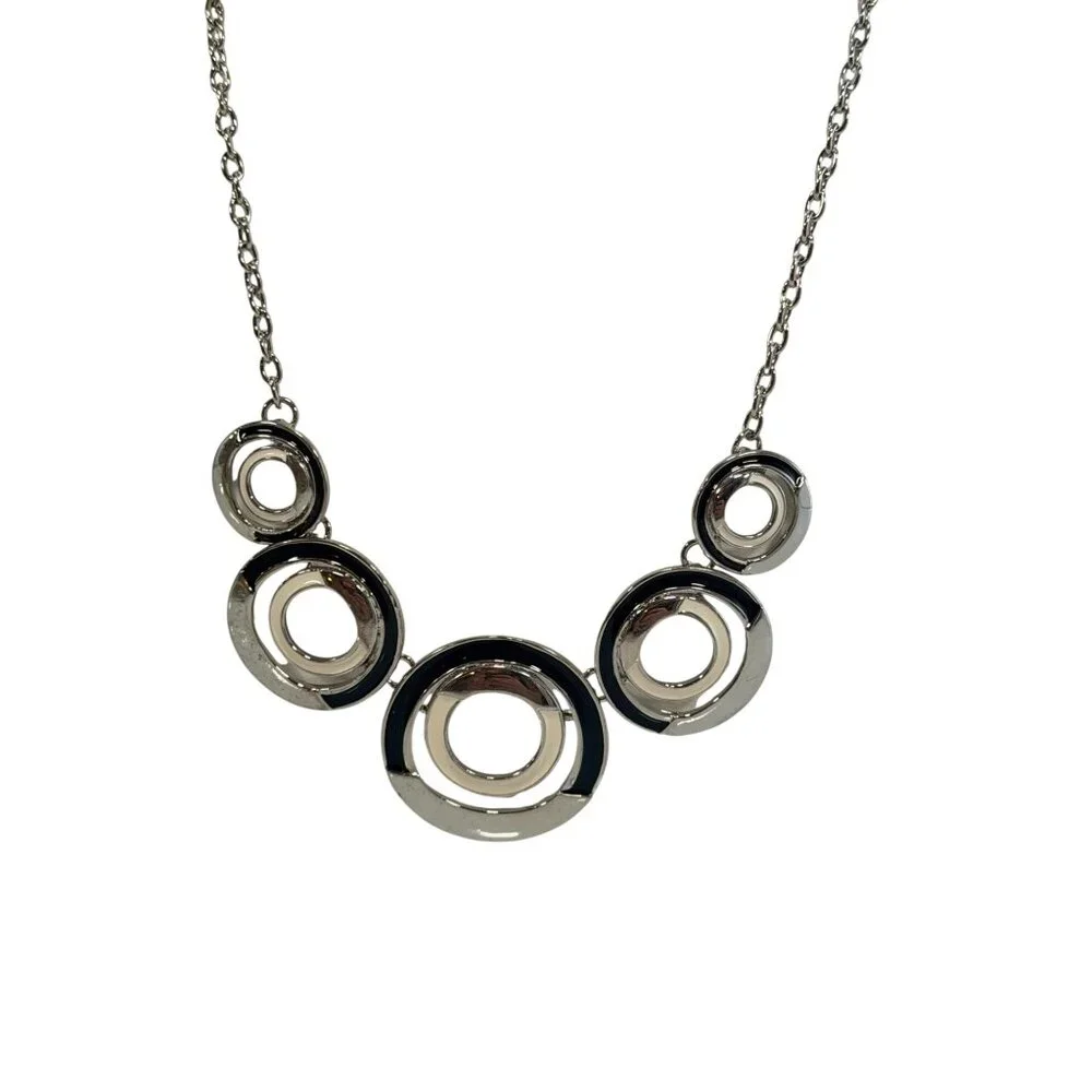Vintage Silver Tone Geometric Circle Enamel Statement Bib Necklace & Earring Set - Picture 2 of 8